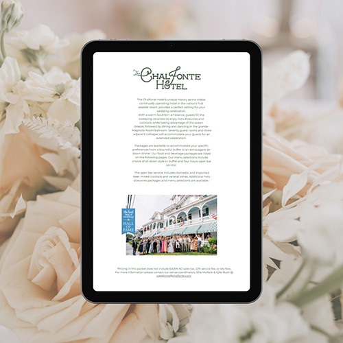 Chalfonte Wedding Brochure 2027 on an ipad screen against a photo of roses